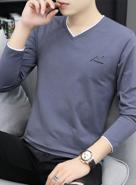 春秋季纯棉青年男士长袖t恤V字领外穿休闲秋衣韩版百搭薄款打底衫