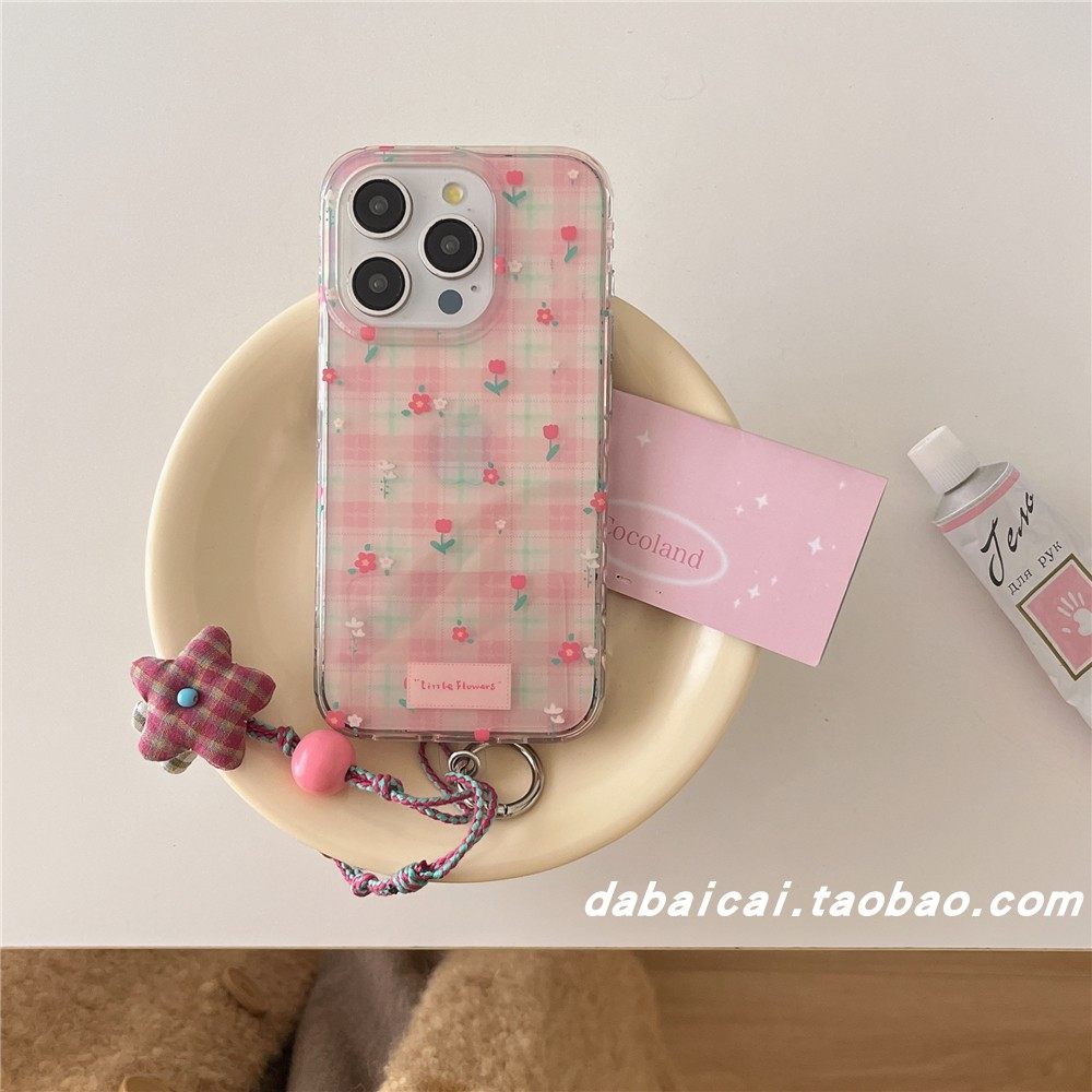 ins粉格纹郁金香标签适用苹果16手机壳iphone15promax新款14少女13全包防摔12pro网红16pro创意韩系小众手绳,3C数码配件,手机保护套/壳,淘宝优惠券,粉丝福利购,淘宝优惠卷
