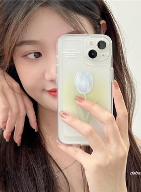 晕染绿色郁金香花适用iphone12promax苹果11/13手机壳xr女x/xs78p