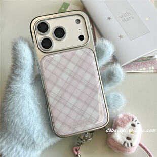 韩系滴胶粉格纹手绳适用苹果17promax手机壳iphone16新款15pro男女14高级感13全包16pro创意防摔小众ins简约