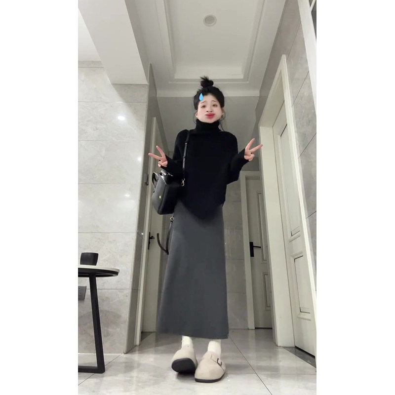 轻熟风黑色高领不规则针织毛衣女2026秋冬新款包臀长裙两件套套装