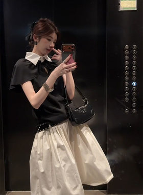 黑白撞色翻领T恤半身裙套装女