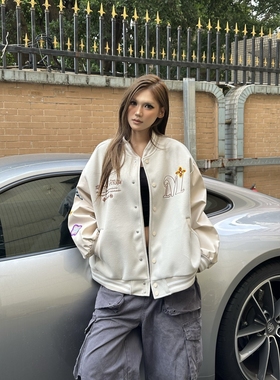 DHSS美式街头花朵字母刺绣棒球服外套男女宽松高街情侣潮牌夹克