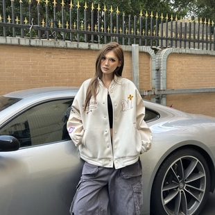 DHSS美式街头花朵字母刺绣棒球服外套男女宽松高街情侣潮牌夹克