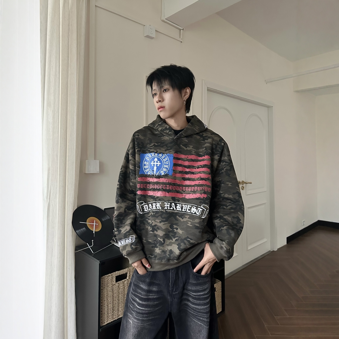 DHSS美式复古梵文连帽卫衣帽衫