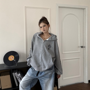 DHSS美式街头哥特风十字架连帽开衫卫衣男女宽松华夫格拉链外套