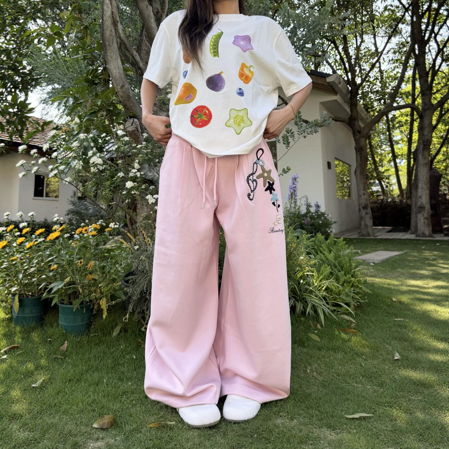 DHSS美式复古星星刺绣阔腿休闲裤直筒运动慵懒垂感弯刀拖地卫裤