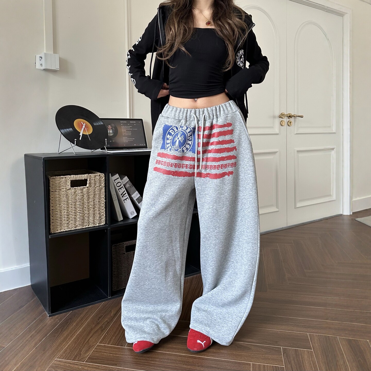 DHSS美式复古旗帜印花休闲裤男女慵懒百搭宽松阔腿拖地运动卫裤