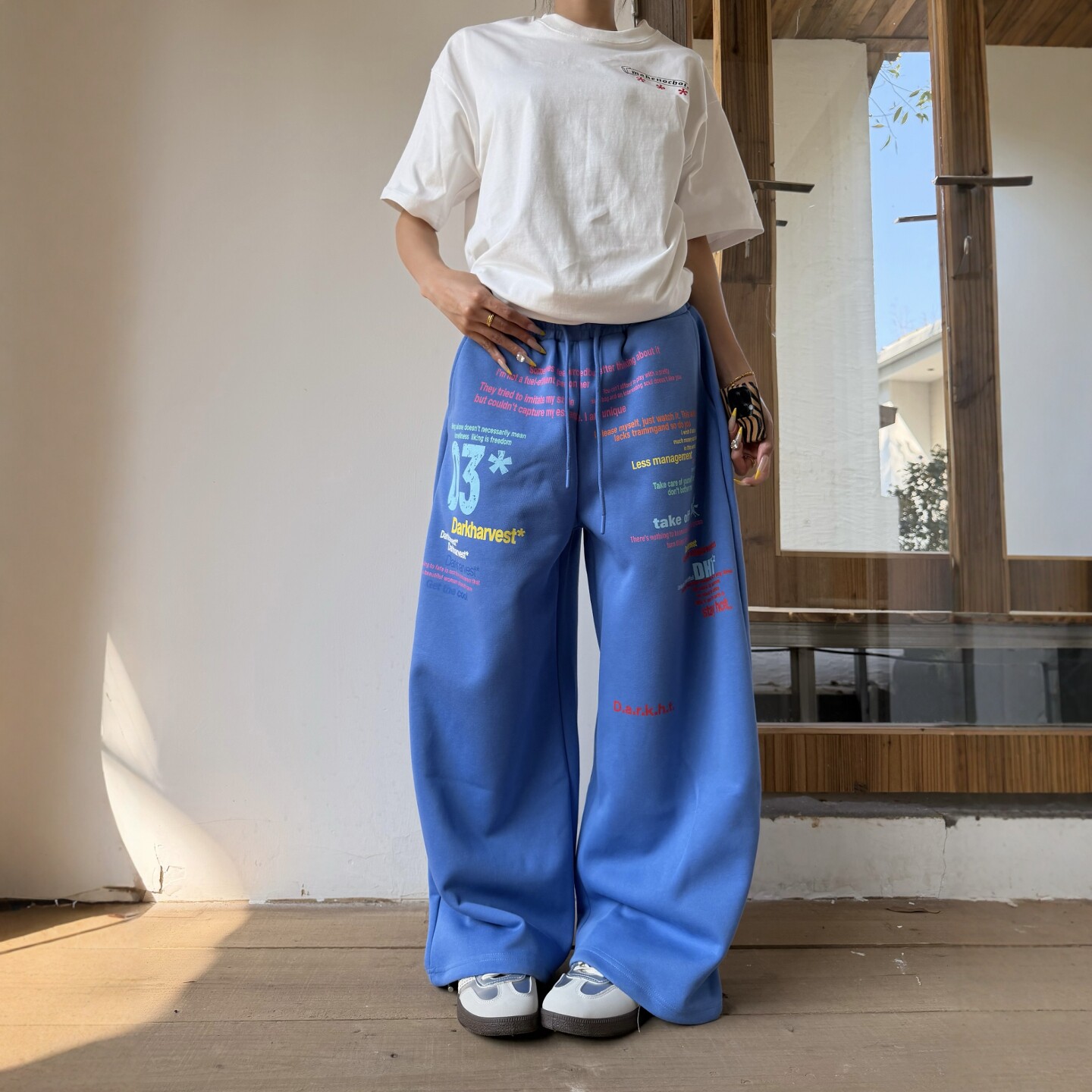 DHSS美式彩色字母印花直筒休闲裤男女宽松阔腿拖地运动百搭长裤