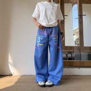 男女宽松阔腿拖地运动百搭长裤 DHSS美式 彩色字母印花直筒休闲裤