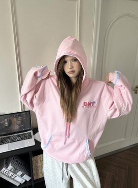 DHSS美式贝壳绣雪花加绒连帽卫衣男女春季宽松情侣百搭休闲帽衫