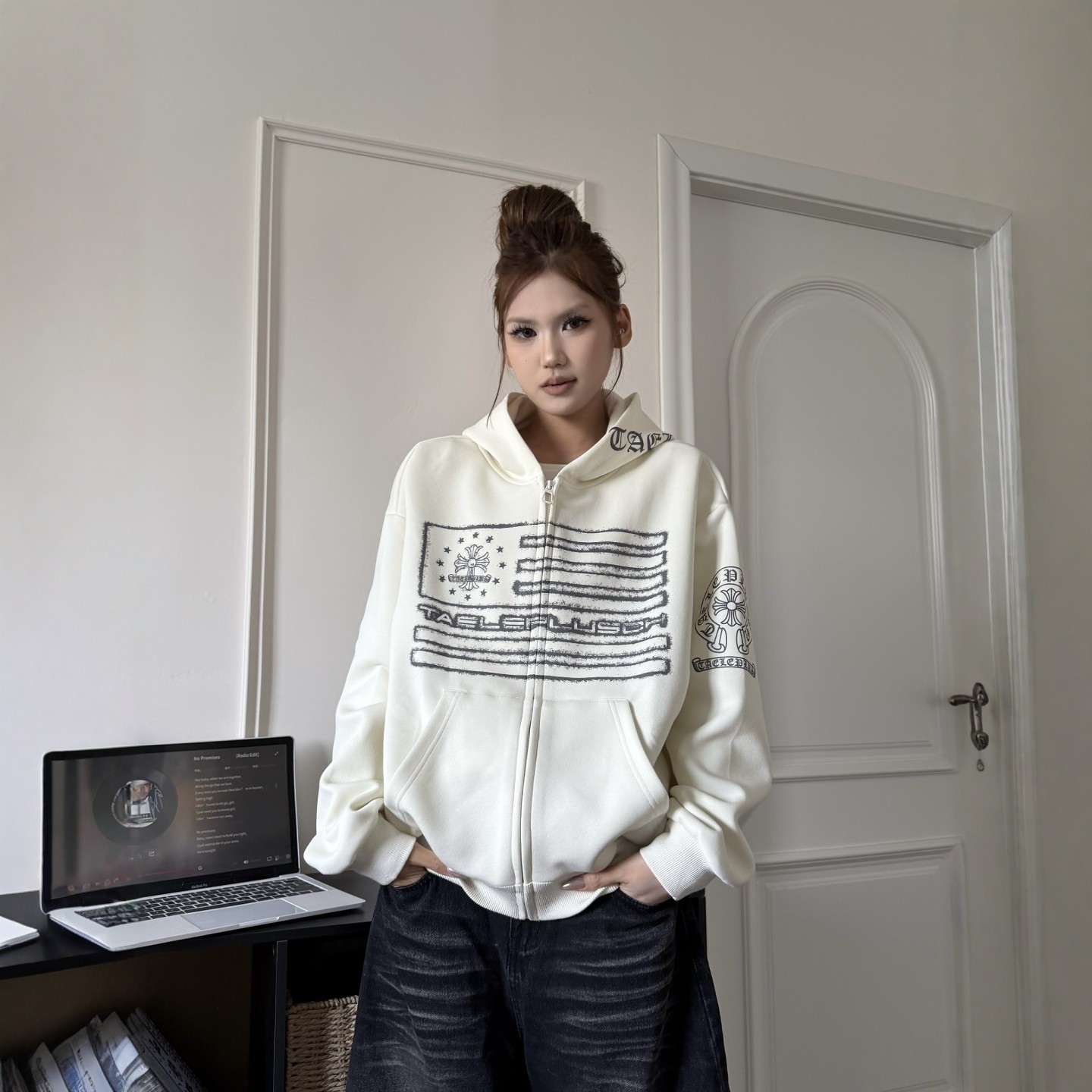 DHSS美式街头梵文十字架开衫连帽卫衣男女高街宽松拉链帽衫外套