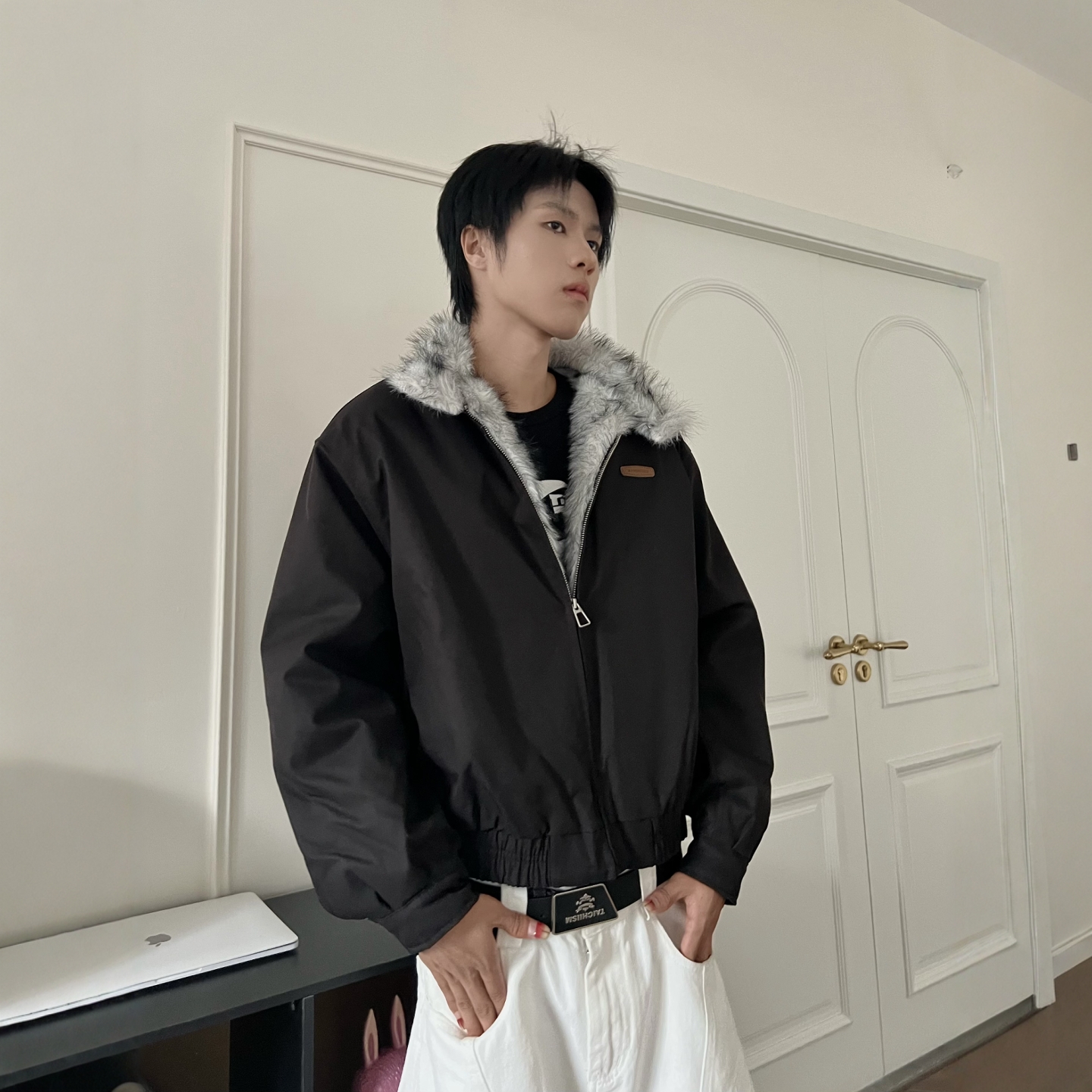 DHSS美式复古暖绒毛领座山雕外套