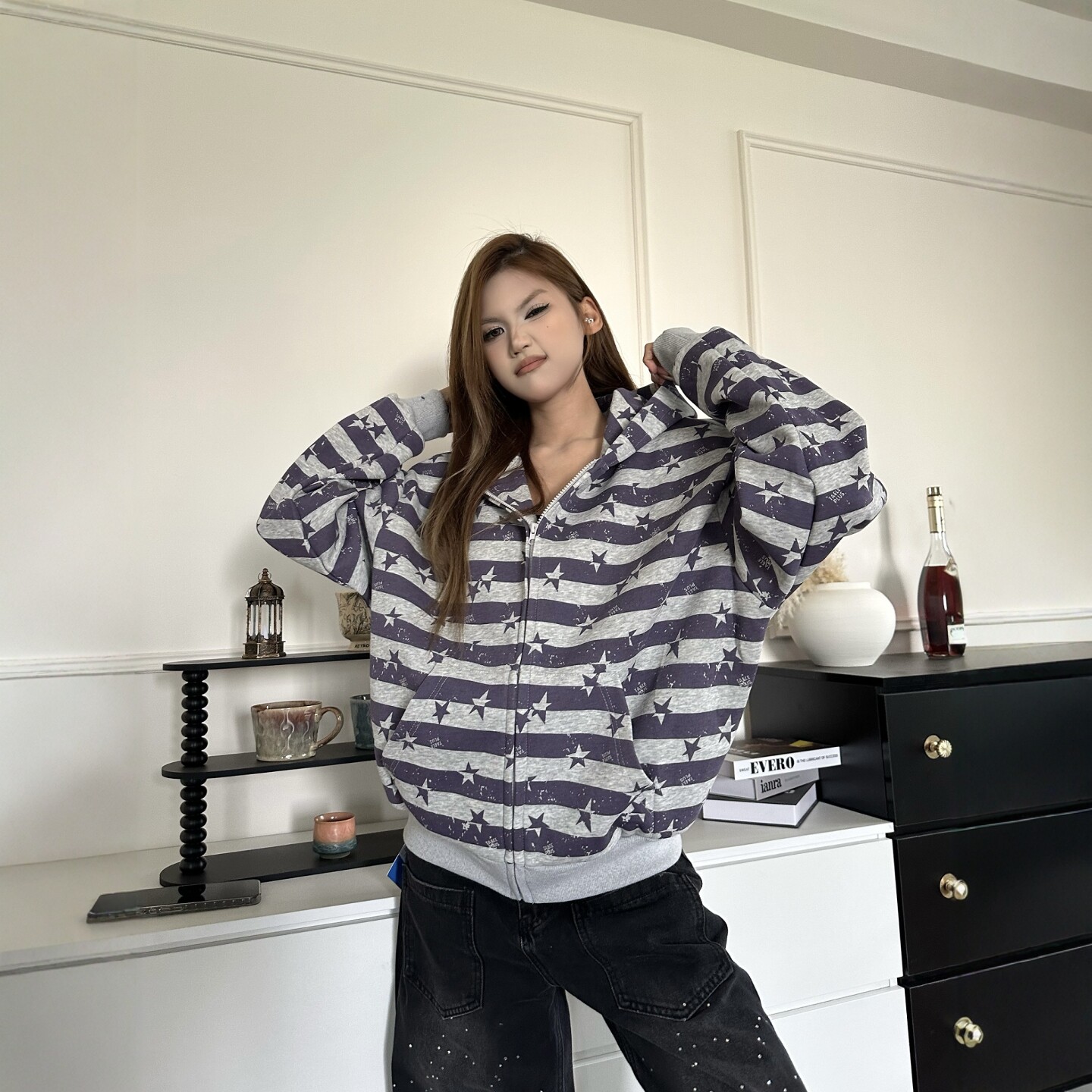 DHSS美式星星条纹印花开衫连帽卫衣情侣春季街头宽松百搭休闲外套