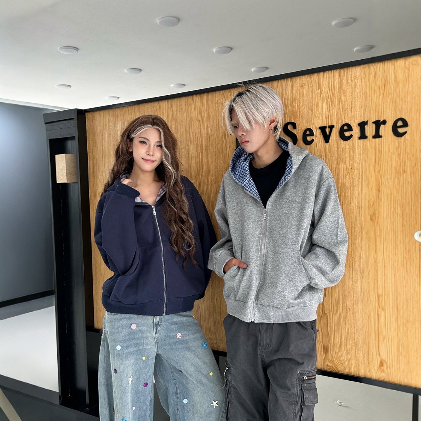 美式简约开衫格子连帽卫衣男女