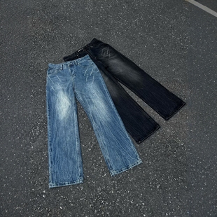 DHSS美式高街闪电爆裂纹做旧冰蓝牛仔裤男女宽松直筒cleanfit裤子