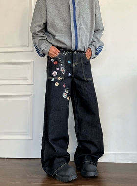 DHSS美式街头腰带徽章印花牛仔裤男女宽松直筒百搭阔腿拖地裤子