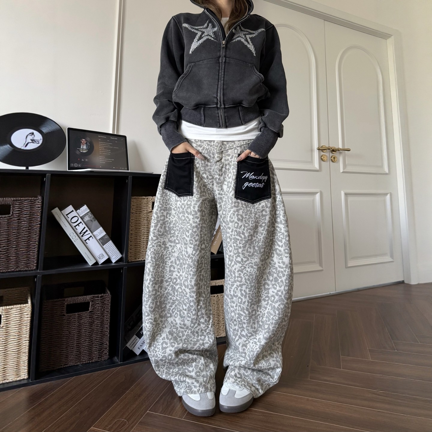 DHSS美式复古豹纹贴布口袋牛仔裤男女宽松街头阔腿弯刀休闲长裤,男装,牛仔裤,淘宝优惠券,粉丝福利购,淘宝优惠卷