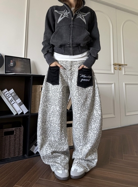 DHSS美式复古豹纹贴布口袋牛仔裤男女宽松街头阔腿弯刀休闲长裤