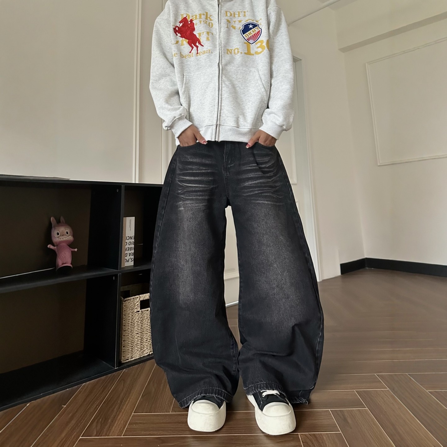 DHSS美式复古水洗做旧弯刀牛仔裤男女宽松阔腿cleanfit直筒长裤