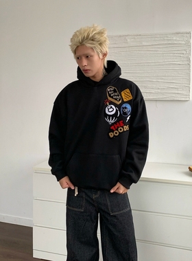 DHSS原创美式刺绣植绒徽章加绒连帽卫衣男女宽松加厚情侣高街上衣