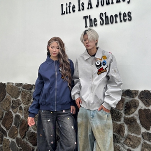 DHSS美式街头徽章刺绣飞行夹克棒球服男女宽松翻领高街vibe外套