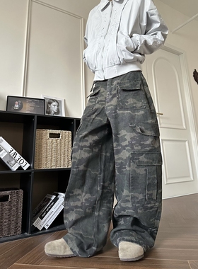DHSS美式高街多口袋迷彩工装裤男女宽松直筒阔腿街头弯刀休闲长裤