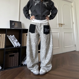 男女宽松阔腿街头弯刀休闲长裤 DHSS美式 复古豹纹贴布口袋牛仔裤
