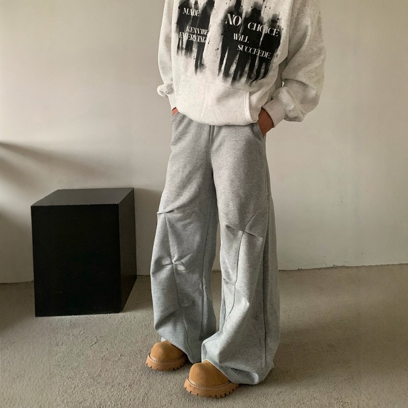 DHSS美式复古褶皱vibe高街休闲裤男女宽松百搭微喇直筒阔腿卫裤子