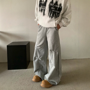 DHSS美式复古褶皱vibe高街休闲裤男女宽松百搭微喇直筒阔腿卫裤子