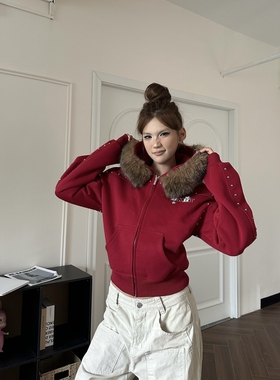 DHSS美式复古钉珠毛领开衫连帽卫衣女秋季新款宽松高级感短款外套