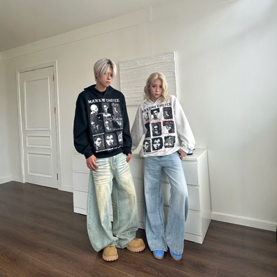 DHSS美式人像字母连帽卫衣男女