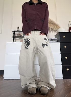 DHSS美式街头欧美涂鸦印花弯刀工装裤男女宽松直筒阔腿百搭休闲裤