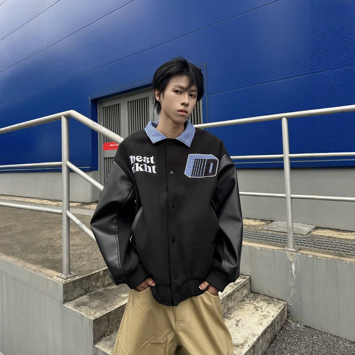 DHSS美式复古撞色格子翻领棒球服外套男女秋冬宽松刺绣情侣夹克