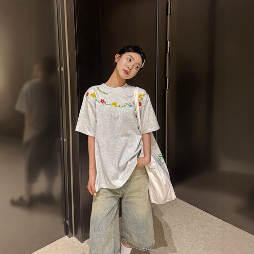 美式刺绣花朵项链短袖情侣T恤