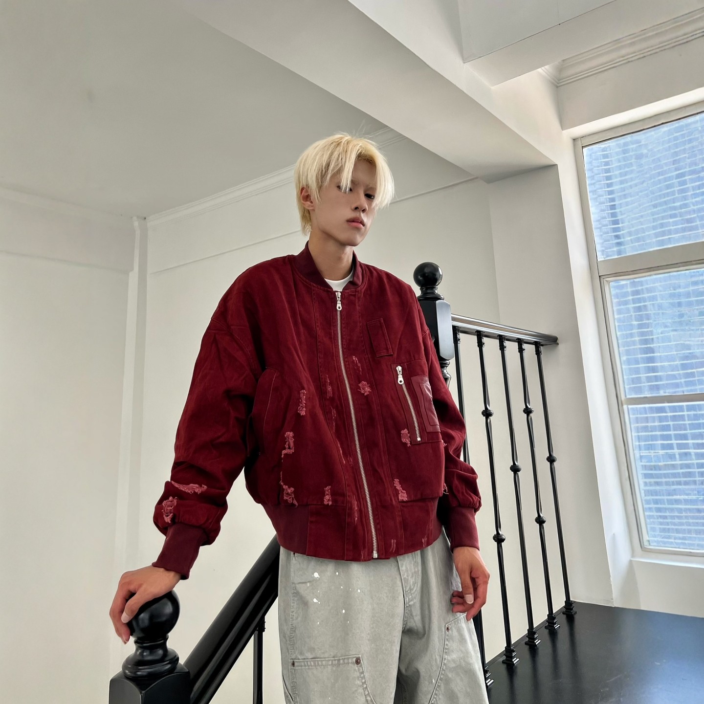 DHSS美式街头刮烂飞行夹克棒球服男女秋季宽松工装高街痞帅外套