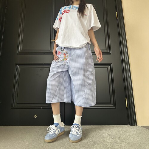 DHSS美式复古蓝格子阔腿七分裤