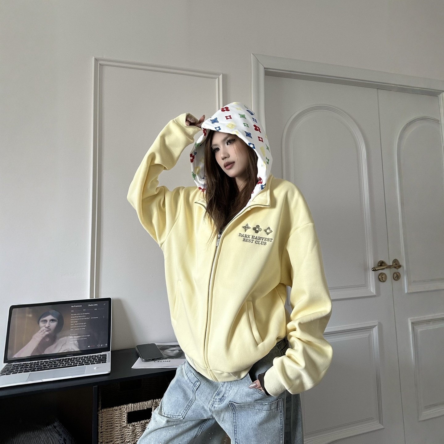 DHSS美式街头拼接假两件连帽加绒卫衣男女宽松春季休闲情侣外套