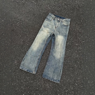 DHSS美式街头水洗做旧竹节纹弯刀牛仔裤男女宽松直筒廓形高街裤子