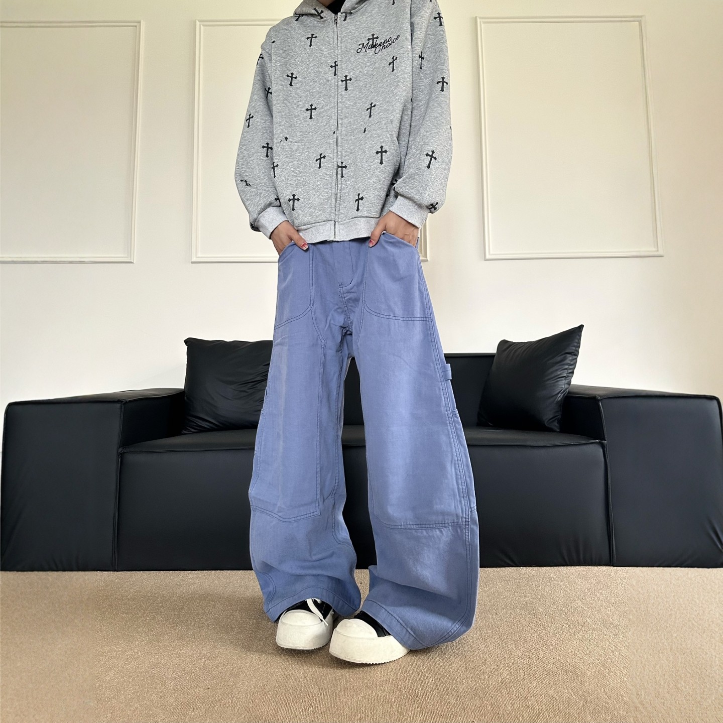 美式复古蓝色工装法工裤
