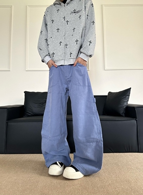 DHSS美式复古蓝色工装法工裤男女基础百搭宽松cleanfit休闲长裤