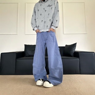 DHSS美式复古蓝色工装法工裤男女基础百搭宽松cleanfit休闲长裤