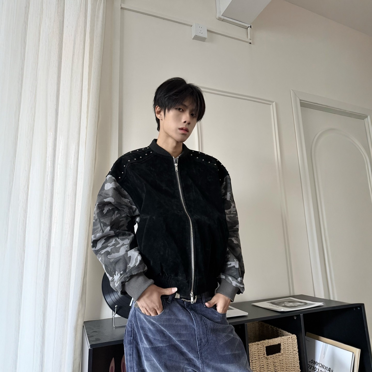 DHSS美式街头迷彩拼接铆钉棒球服夹克春季男女宽松高街短款外套