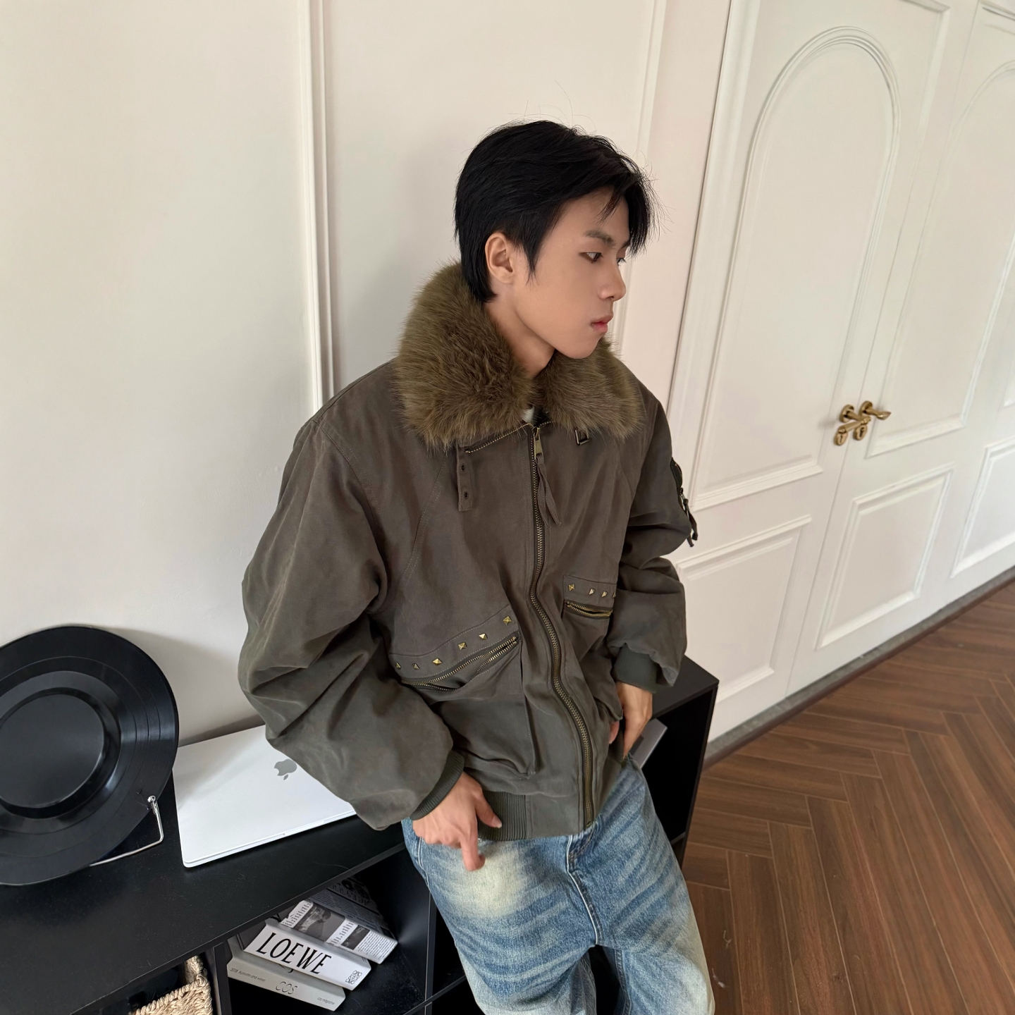 美式可拆卸毛领铆钉夹克棉衣外套