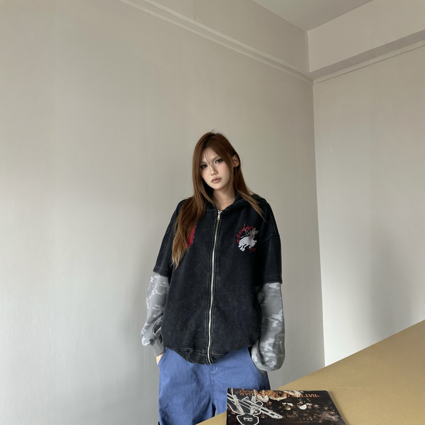 美式假两件迷彩拼接连帽开衫卫衣