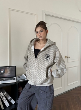 DHSS美式复古条纹毛呢开衫连帽卫衣男女宽松新款情侣百搭拉链外套