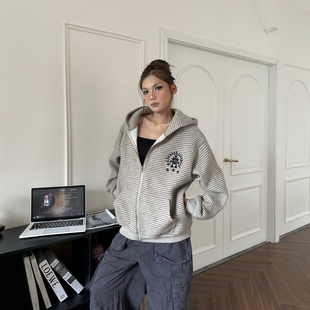 DHSS美式复古条纹毛呢开衫连帽卫衣男女宽松新款情侣百搭拉链外套