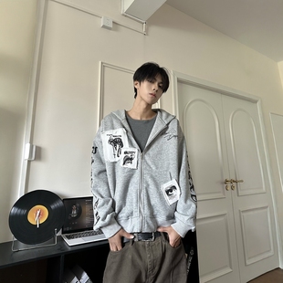 DHSS美式 水洗休闲百搭外套 街头贴布拉链连帽卫衣男女宽松高街春季