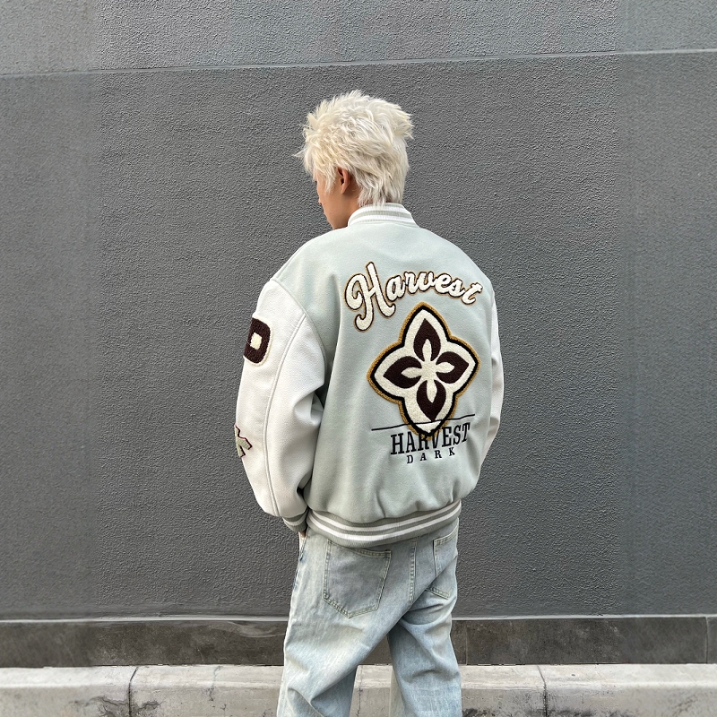 春季植绒刺绣宽松棒球夹克