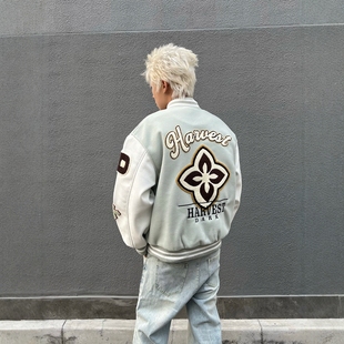 DHSS原创美式复古植绒刺绣棒球服夹克男女宽松夹棉加厚拼色外套